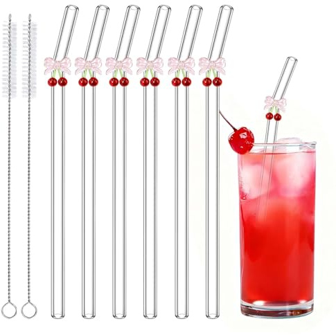 6 cannucce riutilizzabili in vetro, design con ciliegie e fiocco | Ideale per ragazze e donne a tema ciliegia, decorazione da sposa per matrimoni, addio al nubilato, forniture per feste