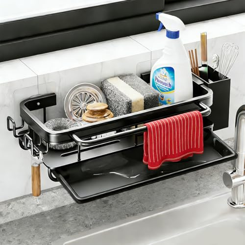 CEWROM Küche Spülbecken Organizer Schwammhalter mit Abflusspfanne, platzsparender Abtropfgestell, Metalle Hängender Küchenorganizer Badezimmer - Ohne Bohren, für Küche & Badezimmer, Schwarz
