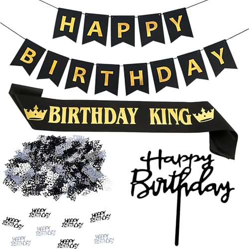 4-teiliges Set Geburtstagsdeko Happy Birthday, Schwarz Happy Birthday Girlande Banner, Geburtstag Schärpe, Cake Topper und 15g Glitzer Konfetti, Geburtstagsdeko Party Dekoration für Frau Mann