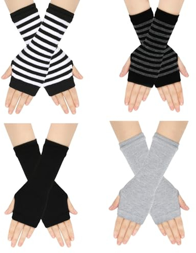 MBSIVSA 4 Pairs Cashmere Wrist Fingerless Gloves, Wrist Warmers for Women, Winter Mittens Thermal Warmers, Striped fingerless gloves for Women