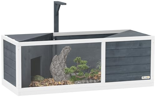 PawHut Casa per tartarughe XL 120 cm - terrario per tartarughe terrestri in legno, 2 nicchie con tetto apribile e area giochi aperta - recinto con supporto per lampada e finestra panoramica, grigio