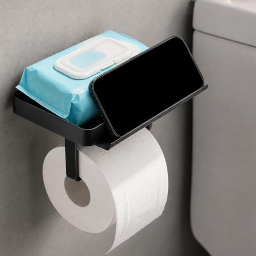 YIGII Toilettenpapierhalter mit Ablage, Edelstahl WC Rollenhalter Schwarz | Zur Wandmontage mit Bohren, Aufbewahrung von Feuchttüchern, Rostbeständige Oberfläche, Praktische Lösung für moderne Bäder
