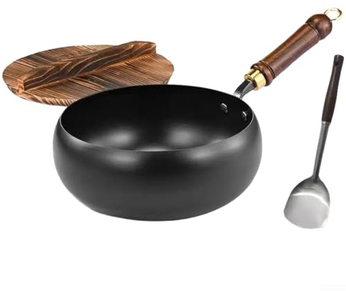 Utensilios de cocina de hierro no recubierto, sartén tradicional de acero al carbono grueso forjado a mano Wok de hierro grueso de 24 cm Sartén de cocina sin revestimiento con tapa de vidrio para gas