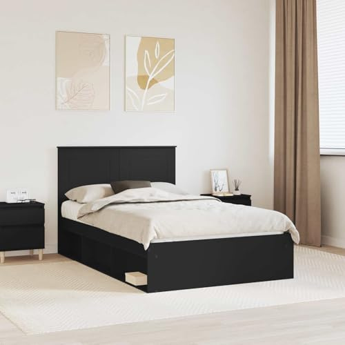kithwjll Bed Frame Black 120 x 190 cm, Solid Pine and Chipboard, Modern Double Bed with Slatted Base and Headboard for Bedroom