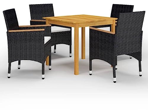 RMIHSJG 5 pezzi Gruppo da giardino nero in legno di acacia e rattan PE con cuscini imbottiti, mobili da esterno resistenti alle intemperie per terrazza e giardino con tavolo da pranzo e sedie