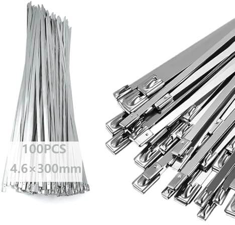 Bridas Metálicas de Acero Inoxidable 304 Autoblocantes, 100 Piezas 300x4,6 mm, Bridas Multiusos para Atado de Cables, Resistencia a UV, Fijación de Tuberías y Reparación de Cercas