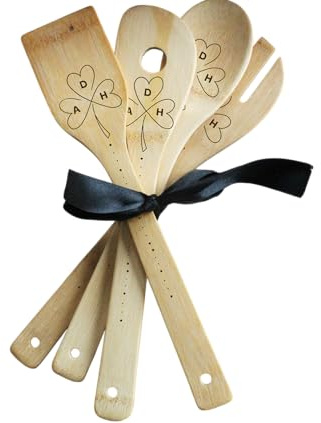 Set de 4 Cuillères en Bois Personnalisées Gravées – Trèfle avec initiales famille ou amis