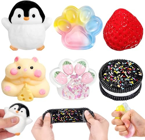 6Pcs Taba Squishy, Fufu Squishy Fidget Toys, Cat Paw Penguin Hamster Squishy Toys, Taba Squeeze Toy Squishes Kit for Kids Adults, Stress Relief Sensory Play Fidget Gifts, Easter Party Bag Fillers