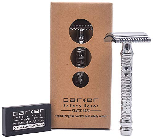 Parker Safety Razor Parker 24C -Tre pezzo aperto pettine doppio bordo rasoio di sicurezza e 5 Premium Lame da Rasoio a Doppio Bordo