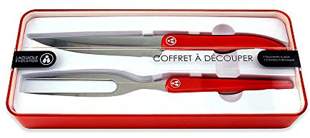 Laguiole Évolution - Service à découper 2 pièces - Fourchette de service et couteau en Acier Inoxydable - Manche ABS Couleur Rouge Acidulé