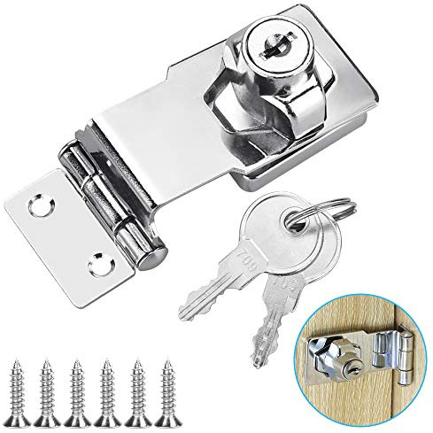 TANCUDER Small Hasp and Staple 90 Degrees Metal Lock Hasp 3 Inch/76mm Door Bolt Latch Buckle Safety Door Clasp Knob Shed Locks with Padlock, Key, Screws for Cabinets Cupboard Drawer Gate, Silver