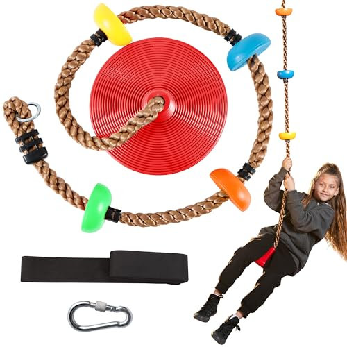 TURFEE Kletterseil Baumschaukel Outdoor Kinderschaukel mit Plattform,Karabiner und 4 Ft Baumgurt,Baum Scheibe Schaukel Kinder Draussen Tellerschaukel für Garten(Rot)