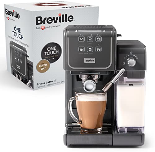 Breville Prima Latte III - Macchina per caffè espresso completamente automatica con montalatte e pompa italiana da 19 bar | compatibile con cuscinetti ESE | Grigio [VCF146X]
