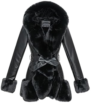GRAN ORIENTE Women's Faux Leather Coat with Faux Fur Collar,Winter Warm Belted Mid Length Trim Jacket Fur Lined with Hood (002 Black M)
