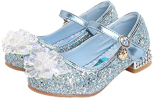 KANDEMY Mädchen Kristall Elsa Schuhe mit Absatz Glitzer Prinzessin Schuhe mit Pailletten Kinder Sandalen Eiskönigin für Halloween Fest Fasching Geburtstag Party Blau 25