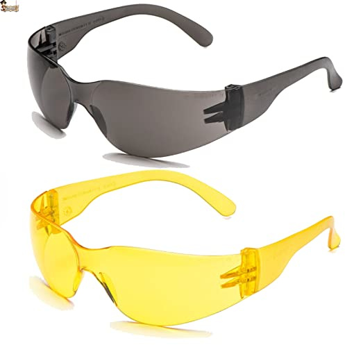 BricoLoco.com Gafas protección seguridad trabajo. Pack 2 gafas Lente ahumada + Lente amarilla. Ligeras y prácticas. Sólo 23 gramos de peso. (Único, Ahumada + Amarilla)