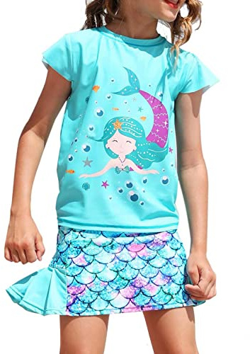 weVSwe Traje De Baño para Niñas Conjunto De Pantalón Corto/Falda UPF 50+ Tejido Reciclado De Dos Piezas Protección UV Verano Playa Verde Sirena 7-8 Años