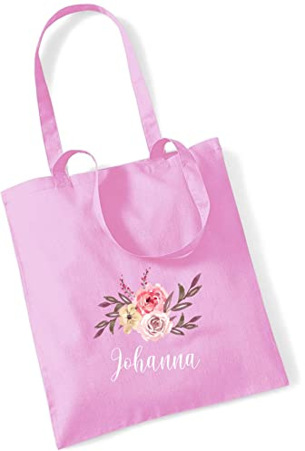 AWASG Bedruckte Einkaufstasche Blumenmotiv mit eigenem Namen | große Stofftasche Baumwolle | Personalisierter Stoffbeutel Damen Mädchen