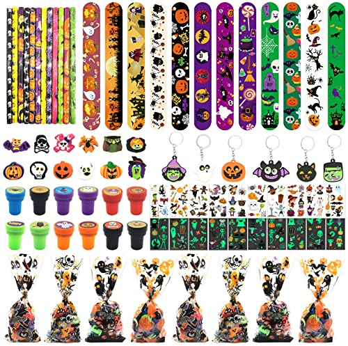 Shinybox Halloween Mitgebsel für Kinder - 98STK Kindergeburtstag Set für Jungen und Mädchen Mit Schnapparmbändern, Tattoos, Schlüsselanhängern, Stempeln - Partytütenfüller