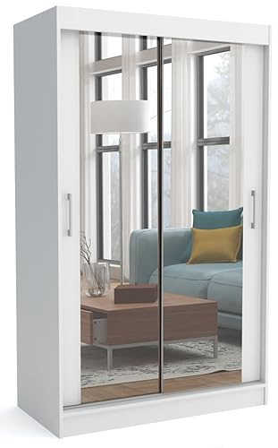 Brent - Kleiderschrank mit Schiebetüren Windsor David I 100x200x60 cm I mit Spiegel, Stangen und Einlegeböden für Kleidung I Laminierte Spanplatte I Aluminiumschienen I Weiß