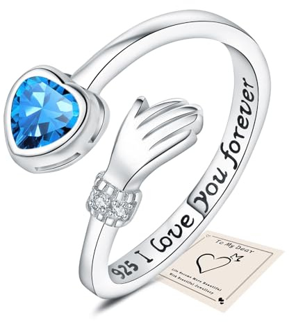 Silver Hug Rings, Love Heart Thumb Rings for Women Adjustable Cubic Zirconia Open Ring I Love You Forever Engraved Words Sister Friendship Gifts with Gift Card & Box, Blue Stone