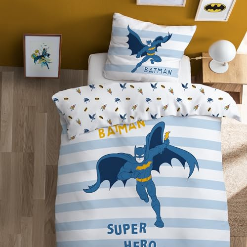 OMYDREAM Batman Team Parure de lit imprimée 100% Coton - Licence Officielle | Housse de Couette 140x200 cm + 1 taie 63x63 cm | Fermeture avec rabat | Chambre enfant, lit 1 place | Certification Oeko-Tex