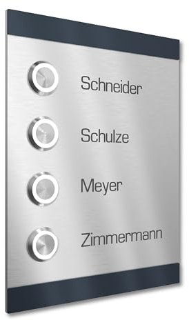 Graviers Design Türklingel für Mehrfamilienhaus 4 Namen Gravur - V2A Edelstahl Klingel 140x185 mm Pulverbeschichtet RAL 7016 - LED Taster Unterputz wählbar Aufputz für Haustür 4-fach