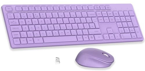 LeadsaiL Wireless Keyboard and Mouse Set, 2.4GHz USB Computer Keyboards and Mouse Combo, Full Size UK QWERTY Layout, Ergonomic Design with 12 Multimedia Shortcuts for HP/Lenovo Laptop and Mac-Purple