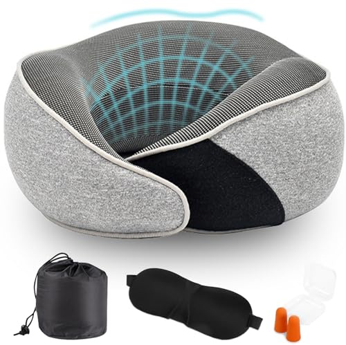 Oreiller Nuque Voyage Mousse à Mémoire Forme, Oreiller Cou Coussin de Voyage avec Masque Yeux, Bouchons Oreille et Sac de Rangement, Oreiller Cervical Tour Tête Soutien pour Avion et Train, Gris Clair