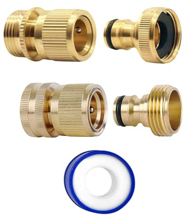 MYPURECORE 2 Pairs Garden Hose Quick Connect Set | 3/4 Inch Solid Brass Hose Fittings with PTFE Tape | Male & Female Adapters for Car Wash, Garden Irrigation, Outdoor Tap & More