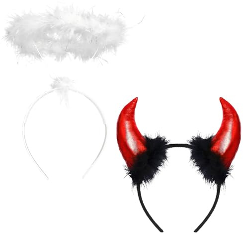 LIURFLNC 2 Stück Engel und Teufel Kostüm, Heiligenschein Engel, Teufelshörner Haarreif, Engel Haarreif + Teufel Hörner Teufelsohren Accessoire für Fasching Karneval Kostüm Cosplay Party