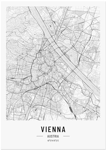 JUNOMI® Wien Poster DIN A2 Schwarz-Weiss, Wohnzimmer Deko, Modernes Wandbild, Stadtplan Poster Wien, perfekte Geschenkidee