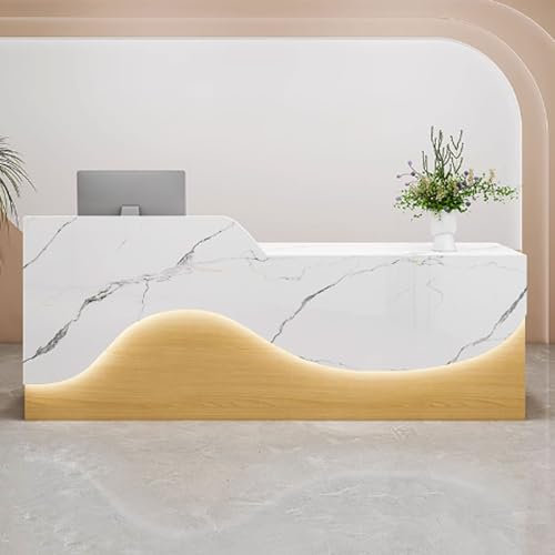 GUQASDV Reception Desk Modern, Bürotheke Reception Tisch, Empfangstheke Tresen Rezeption, Empfangstresen für Praxis Kunstholz mit LED-Lichtstreifen(White with Texture+Natural)