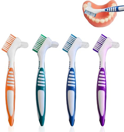 keyxer 4 Stück Leicht Prothesenzahnbürste & Zahnprothesen Bürste Set – Doppelseitige Denture Brush mit Mehrschichtborsten für Effektive Reinigung, Ergonomisch & Tragbar (4 Farben)