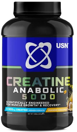 USN Creatine Anabolic 5000 – All-in-One Muscle Growth & Recovery Powder, 5000mg Creatine Monohydrate + 3000mg BCAAs, Low Sugar, Mango Coconut Flavour, 900g (30 Servings)