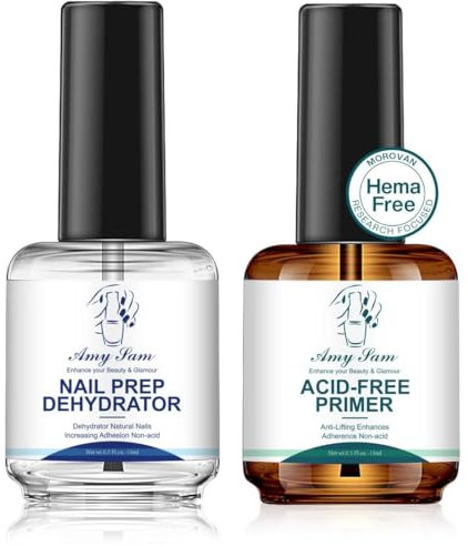 AmySam Nail Dehydrator & Acid-Free Primer Set (15ml x 2) – Acid Free Natural Nail Prep Dehydrate, Air Dry Superior Bonding Primer for Acrylic Powder Supplies Set
