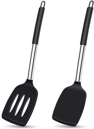 AMFUN 2 Stück Pfannenwender Silikon, Hitzebeständig Silikon Küchenhelfer Spatel BPA Frei mit Edelstahlgriff, für Fisch, Eier, Pfannkuchen, Schwarz