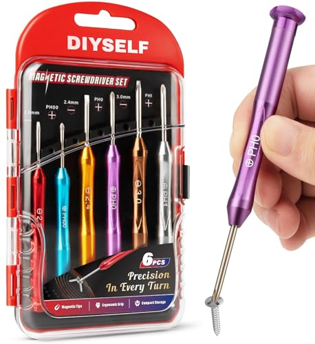 DIYSELF 6 Piece Small Screwdriver Set, Glasses Screwdriver, Magnetic Tips | Mini screwdriver set, precision tools for watches, jewellery, phones and laptops; Phillips and flathead CR-V tips with case