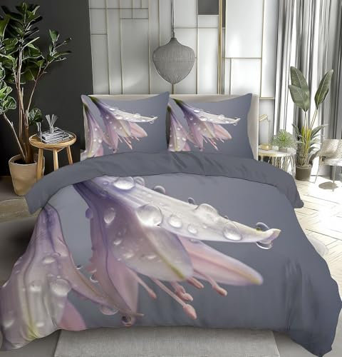 MULERN Duvet Cover Set King Bed, gray purple Dewdrops Hosta Reversible Bedding Set, Elegance Flowers Soft Quilt Cover 220x230cm with Zipper Closure and 2 Pillowcases 50x75cm, Easy Care