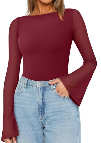 LACOZY Renaissance Shirt Women Boat Neck Long Bell Sleeve Wrap Casual Ruched Top Burgundy XL