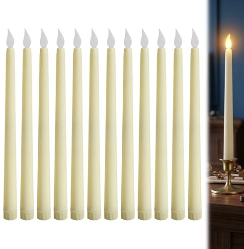 Seefey 12 Stück Elfenbein Stabkerzen LED mit Timer, Batteriebetriebene LED Stabkerzen Flackernde Flamme, Elektrische Kerzen für Weihnachten Allerheiligen Dinner Esszimmer Party
