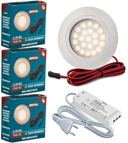 JungesLicht 3er Set LED Möbel Einbaustrahler Tim – Ultra Flach (10mm), 2Watt 12V 200Lumen, Warmweiß 3000K – Inkl. Trafo & Anschlusskabel – Einfache Steck-Montage passend für 55-60mm Bohrungen