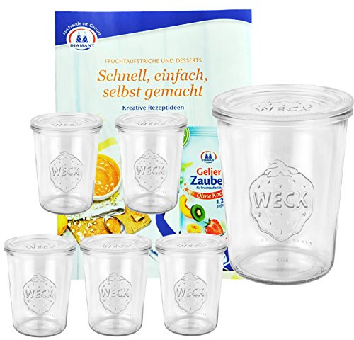 6er Set Original WECK 3/4-Liter Sturzglas, 850 ml, Rundrandglas RR100 + Glasdeckel + GRATIS Rezeptheft, Einmachglas, Einweckglas, Einlegen + Einkochen + Konservieren in glasklaren Weckgläsern
