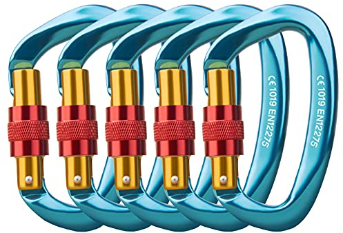 Locking Carabiner - 25kN 5600lb Climbing Carabiner Screw Gate D Shape Carabiner Blue (Pack of 4)