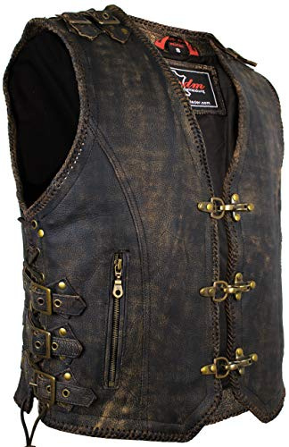 MDM Gilet Homme En Cuir Véritable Marron Vintage – Gilet Cuir Homme Avec 3 Fermoirs Laiton, 4 Poches, Laçage Latéral Et Boucles Réglables - Veste Moto Ou Blouson Cuir Biker Sans Manche Style Chopper