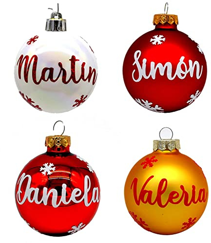Mad & Cut. Bolas de Navidad de cristal personalizadas para árbol. Adornos navideños originales.