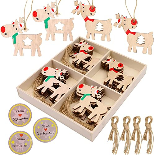 Aohcae Weihnachtsbaumanhänger Holzanhänger Deko, 24 Stück Elch Holz Deko Mit 24 Frohe Weihnachten Aufkleber, Weihnachten Anhänger Holz, Weihnachtsanhänger Kleindeko weihnachtsbaum holz set(a)
