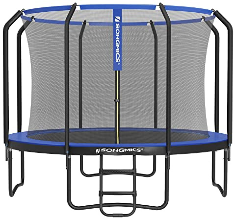 SONGMICS Trampolin 366 cm d, Gartentrampolin für Kinder mit Sicherheitsnetz, 180 cm hohe Stangen, Randabdeckung, Leiter, Stahlrahmen, schwarz-blau STR123Q01