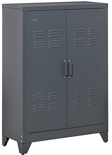 HOMCOM Armario de Almacenamiento Aparador de Metal con Doble Puerta Cierre Magnético y 2 Estantes Ajustables para Oficina Salón Dormitorio 75x33x110 cm Gris