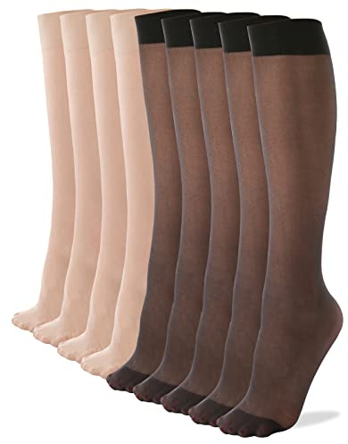 ZIHUA 20 Denier Nylon Silke Förstärkt Toe Knästrumpor för Kvinnor, 4 beige + 5 svart, one size
